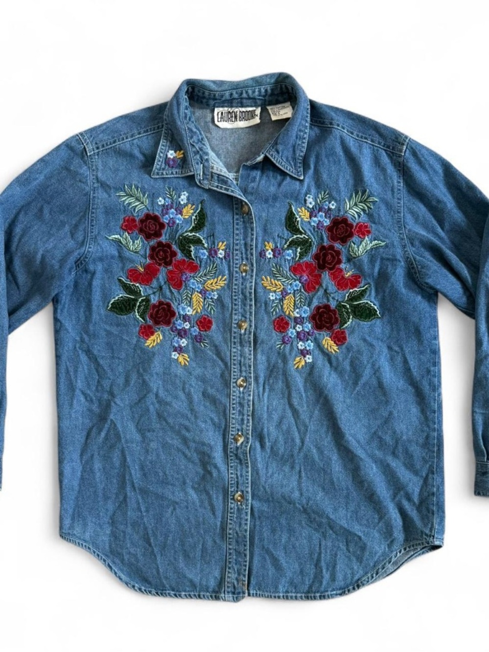 Vintage Lauren Brooke Embroidered Floral Denim Shirt